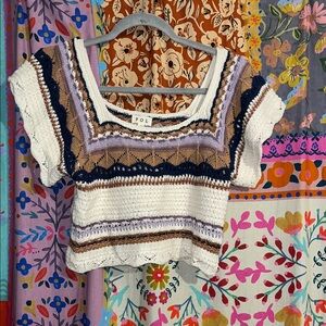 POL Women's Crochet Crop Top in Cream, Brown, and Purple